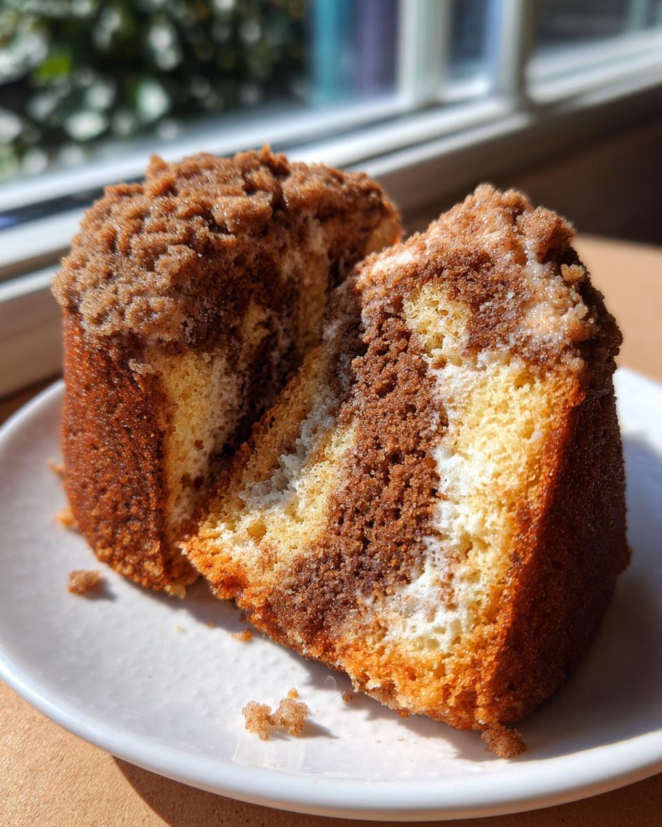 A close-up of a thick slice of marbled sour cream coffee cake showing vanilla and chocolate swirls and a crumbly brown sugar topping.