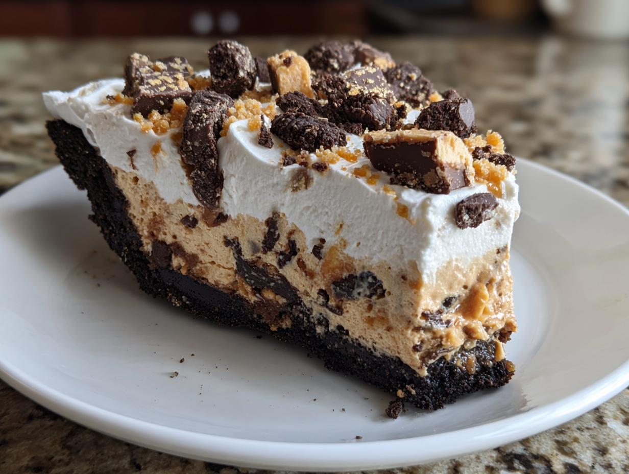 A thick slice of no-bake butterfinger pie with a dark chocolate crust, peanut butter filling, whipped topping, and candy pieces.
