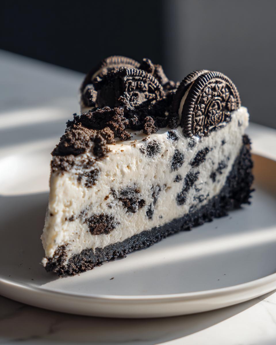 A decadent slice of creamy white oreo cheesecake with a dark cookie crust and topped with crushed and whole oreo cookies.