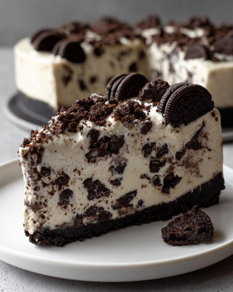 A generous slice of creamy oreo cheesecake loaded with cookie pieces on a white plate.