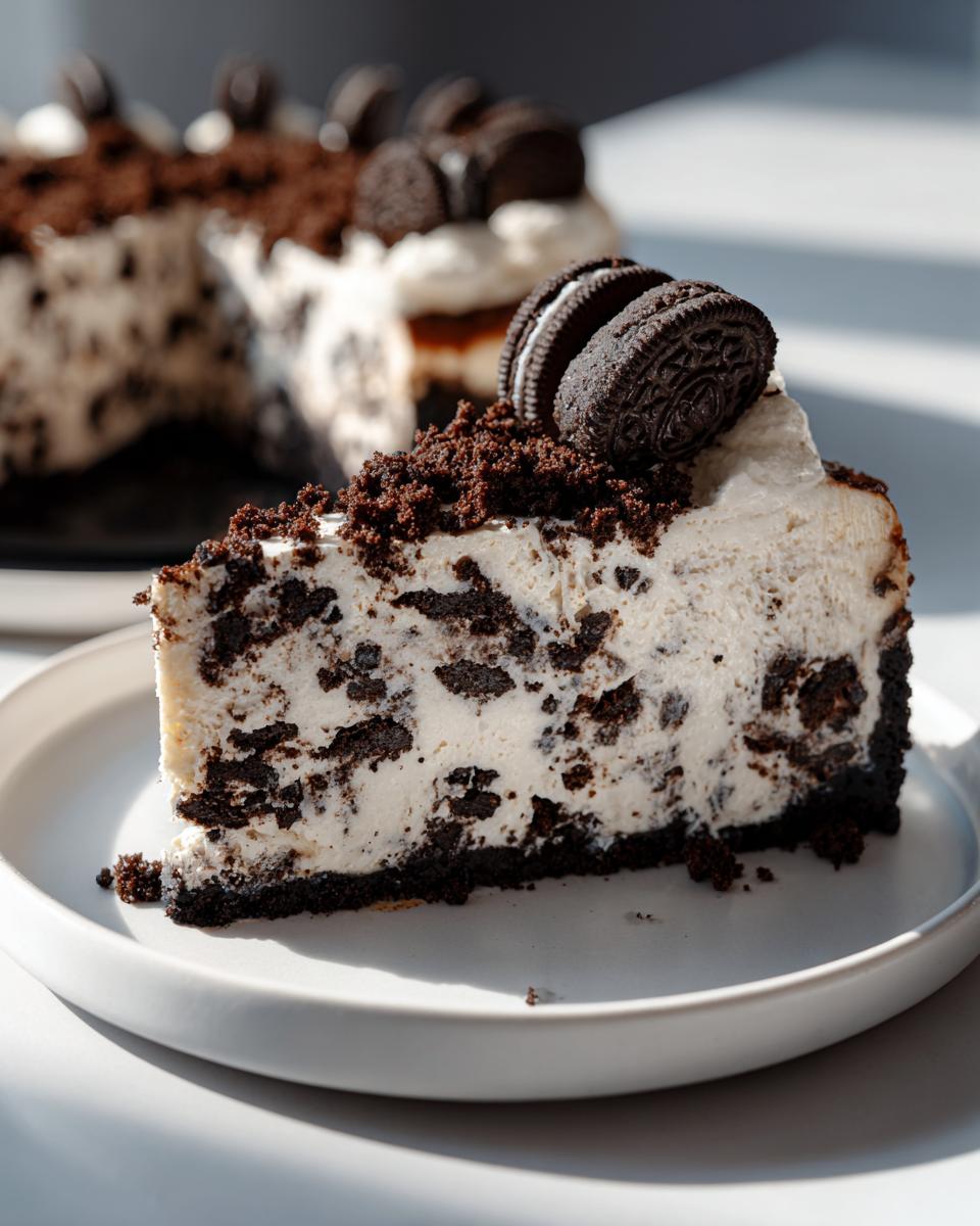 A close-up slice of creamy oreo cheesecake loaded with cookie pieces and topped with crumbs and a whole Oreo cookie.