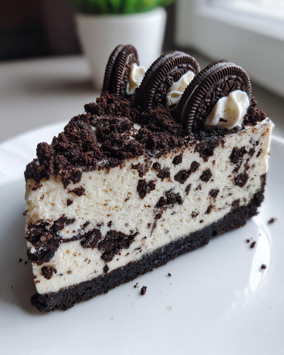 A perfect slice of no-bake oreo cheesecake featuring a dark crust, creamy white filling with cookie chunks, and Oreo topping.