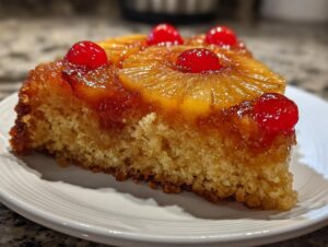 Close-up of a moist slice of pineapple upside down cake topped with caramelized pineapple rings and maraschino cherries.