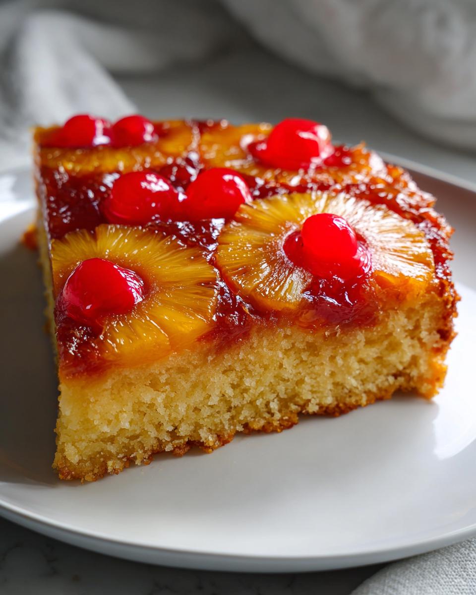 Close-up of a moist slice of pineapple upside down cake topped with caramelized pineapple rings and bright red maraschino cherries.
