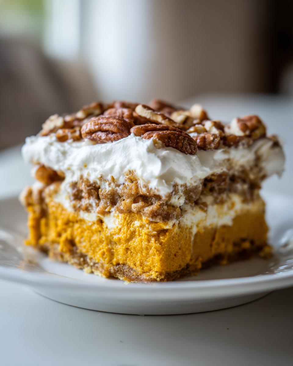 Close-up of a layered slice of pumpkin crunch dessert topped with whipped cream and pecans.
