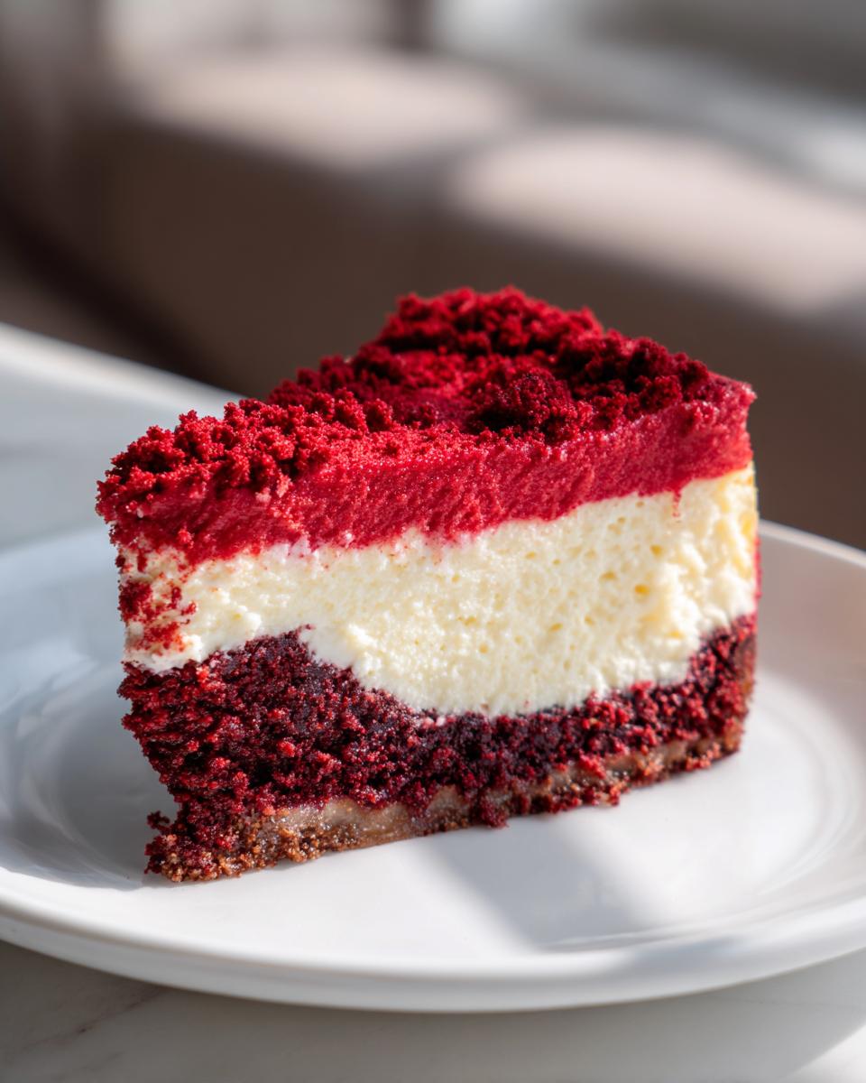 A perfect slice of red velvet cheesecake showing three distinct layers: red velvet cake base, creamy white cheesecake, and a red velvet crumble topping.