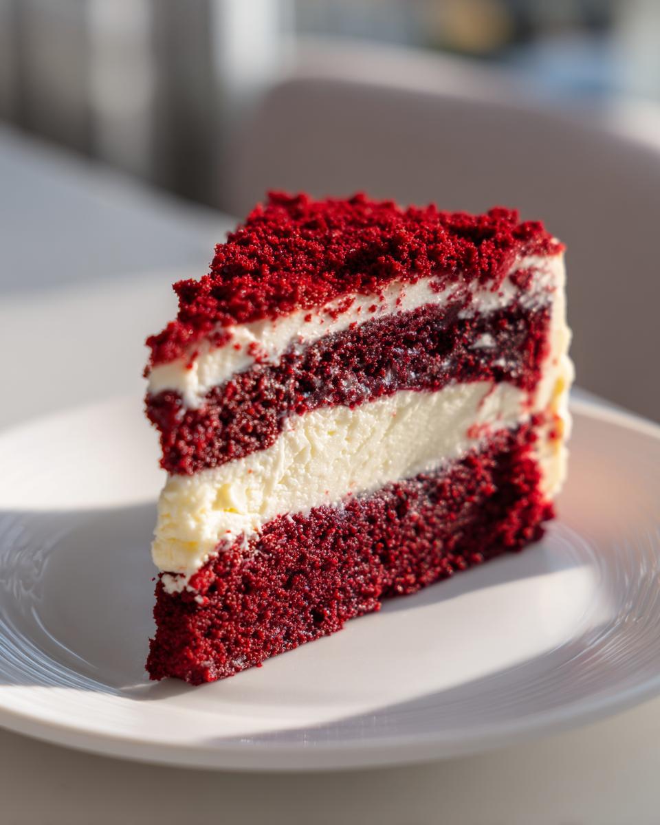 A perfect slice of red velvet cheesecake showing alternating layers of deep red cake and white creamy filling.