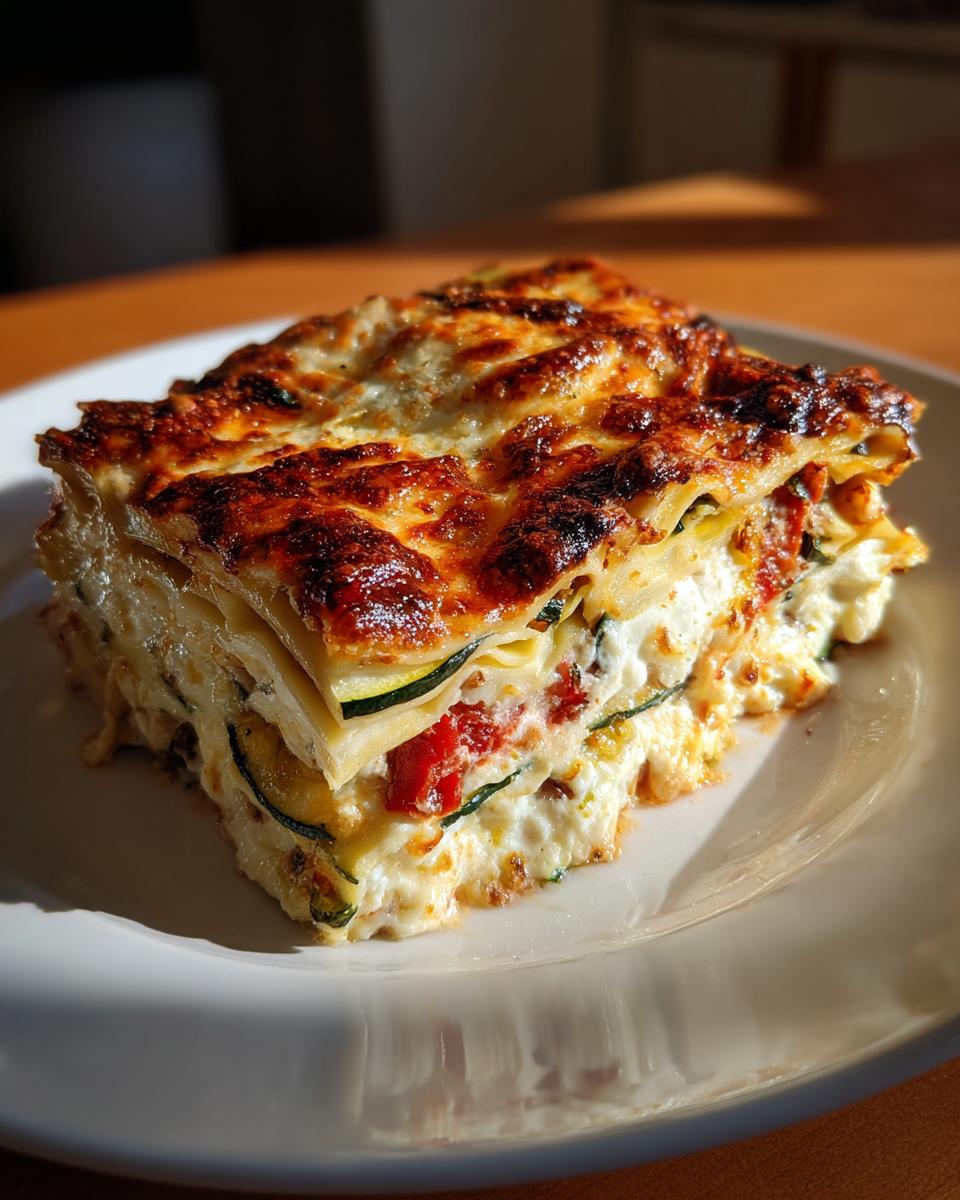 A thick, layered slice of roasted vegetable lasagna showing zucchini, cheese, and a beautifully browned, bubbly top.