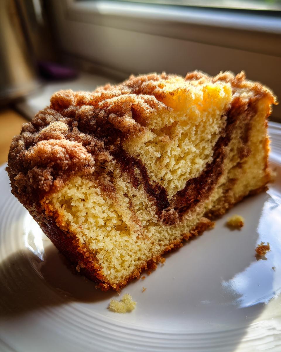 A close-up, dramatically lit slice of sour cream coffee cake showing the moist crumb and cinnamon swirl topping.