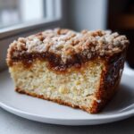 Close-up of a moist slice of sour cream coffee cake featuring a thick layer of brown sugar filling and crumb topping.
