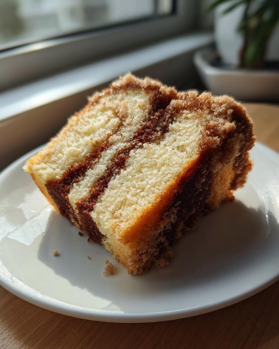 A close-up slice of moist sour cream coffee cake featuring a cinnamon swirl and crumbly streusel topping.