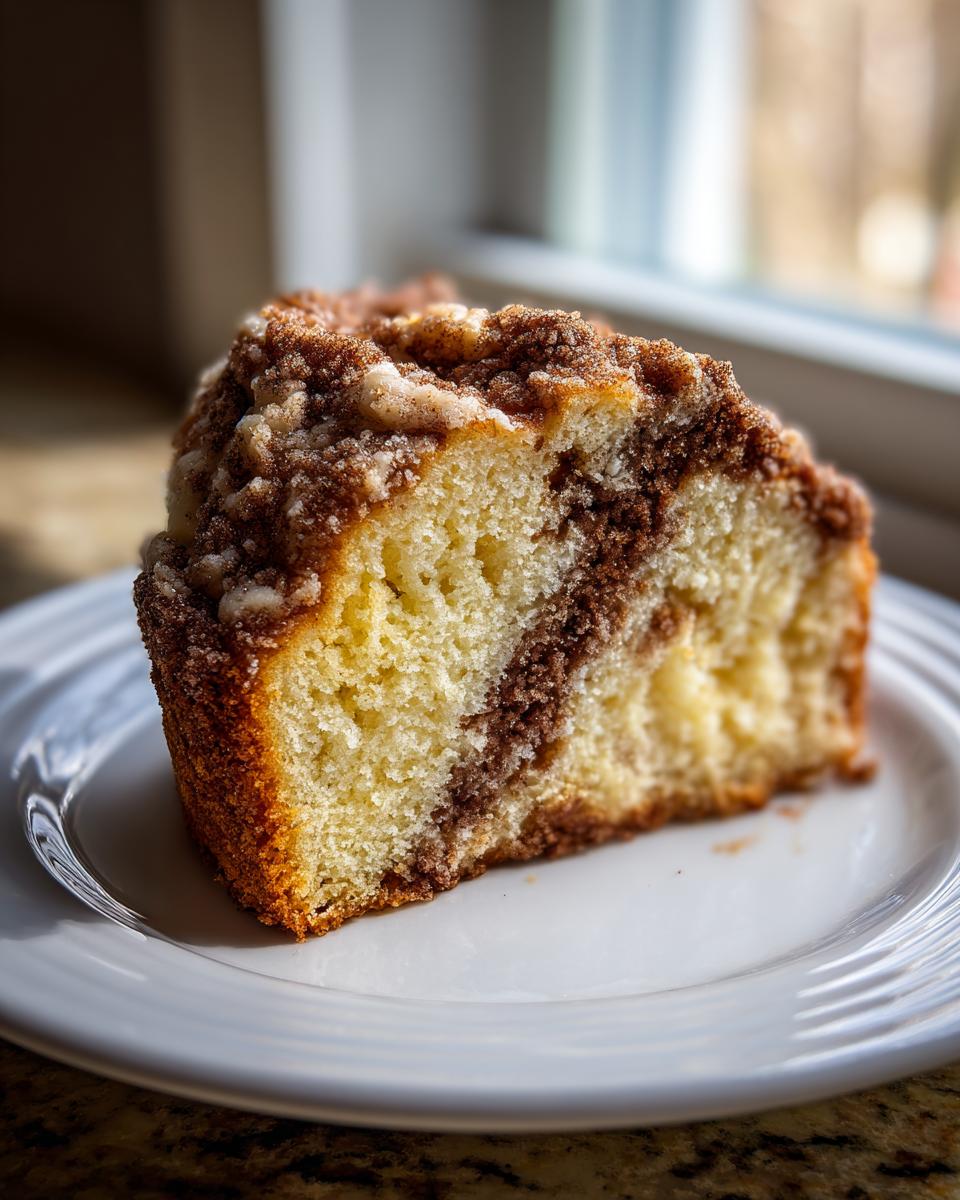 A close-up of a moist slice of sour cream coffee cake featuring a cinnamon swirl and thick crumb topping.