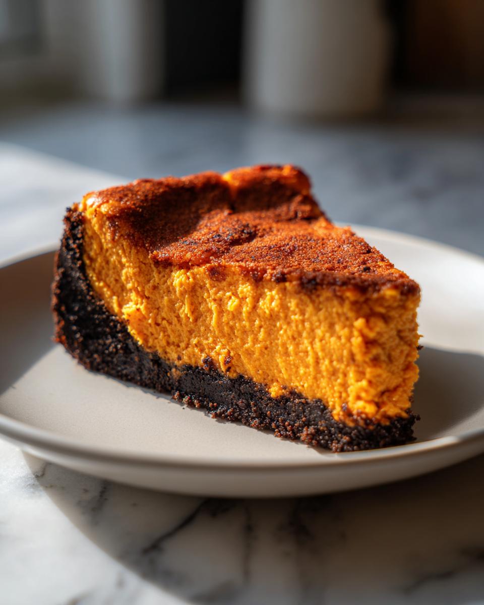 A close-up shot of a single slice of vibrant orange sweet potato cheesecake with a dark chocolate crust.