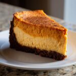 A perfect slice of two-layer sweet potato cheesecake with a dark crust, served on a white plate.