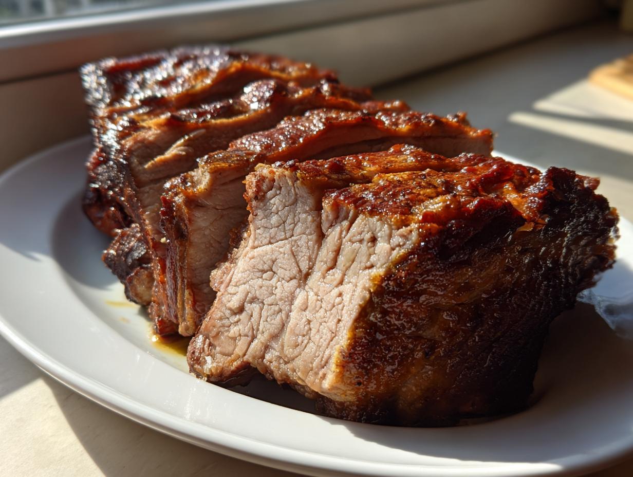 Close-up of a juicy, sliced pork loin roast with a dark, caramelized glaze resting on a white plate.