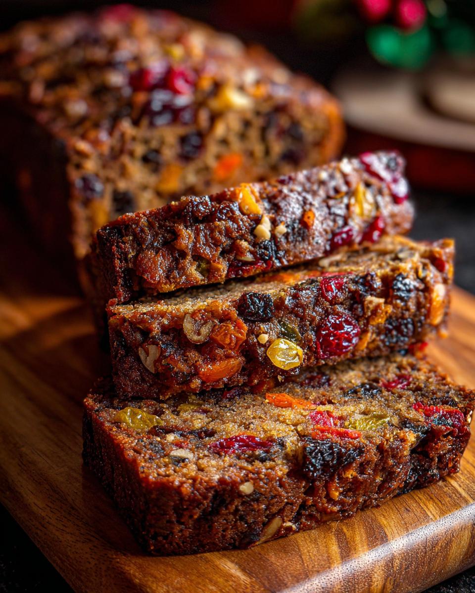 Three thick slices of dark, dense fruit cake loaded with dried fruits and nuts, stacked on a wooden cutting board.