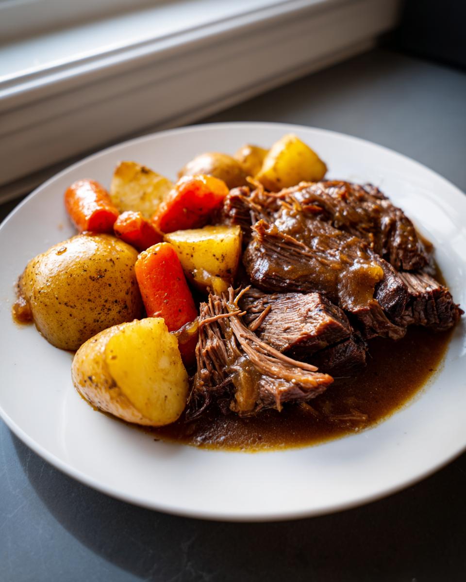 A plate featuring tender, shredded slow cooker pot roast covered in rich gravy, served with roasted potatoes and carrots.