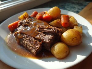 Two slices of tender slow cooker pot roast covered in rich gravy, served with whole small potatoes and carrots on a white plate.