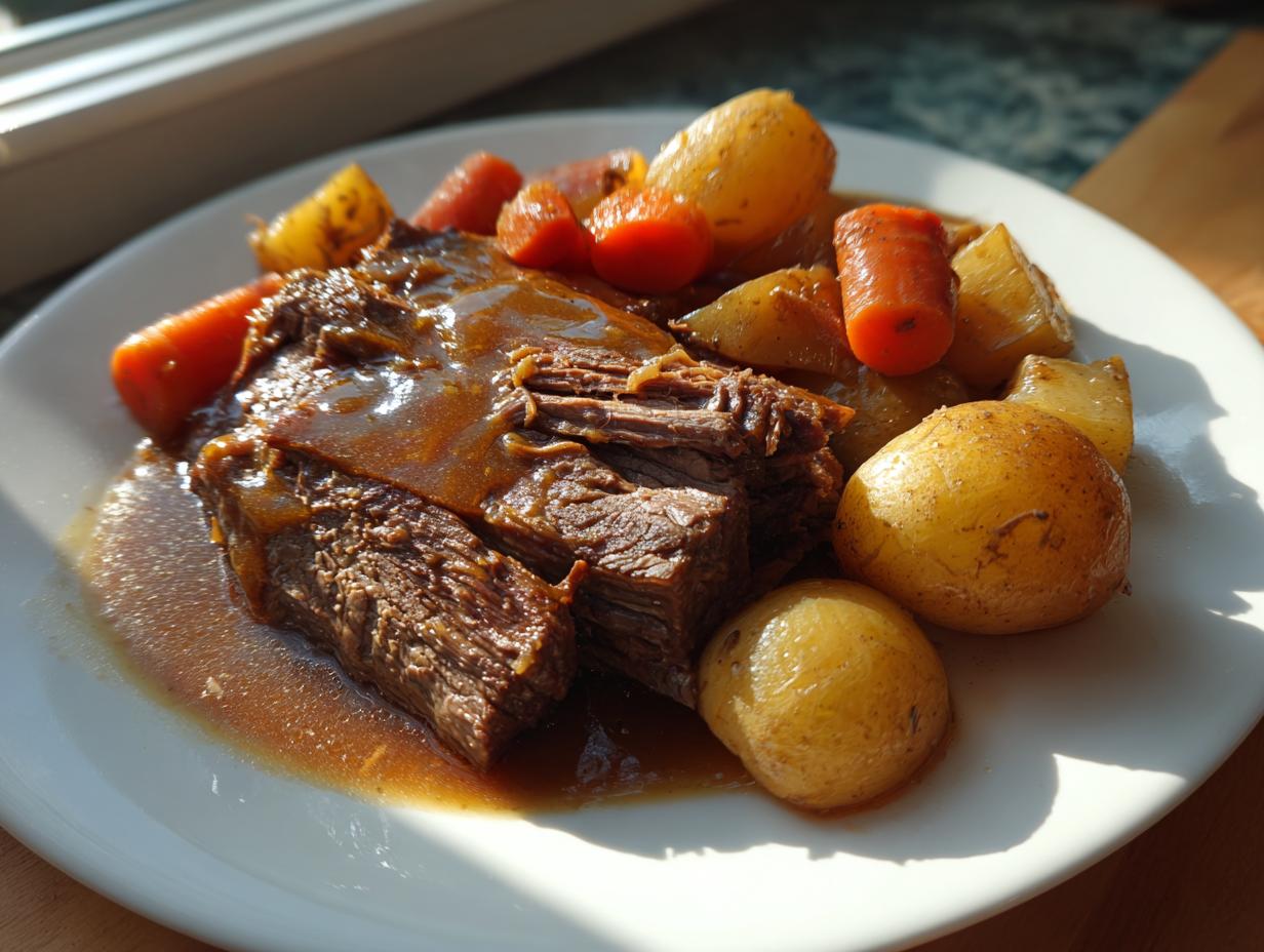Two slices of tender slow cooker pot roast covered in rich gravy, served with whole small potatoes and carrots on a white plate.