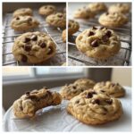 A collage showing several thick, soft small batch chocolate chip cookies cooling on a rack and served on a white plate.