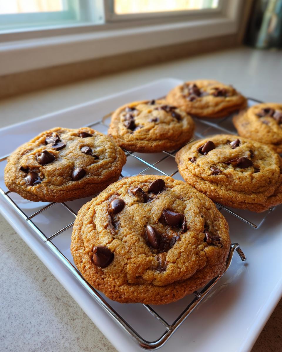 Six golden brown small batch chocolate chip cookies cooling on a wire rack over a white plate.