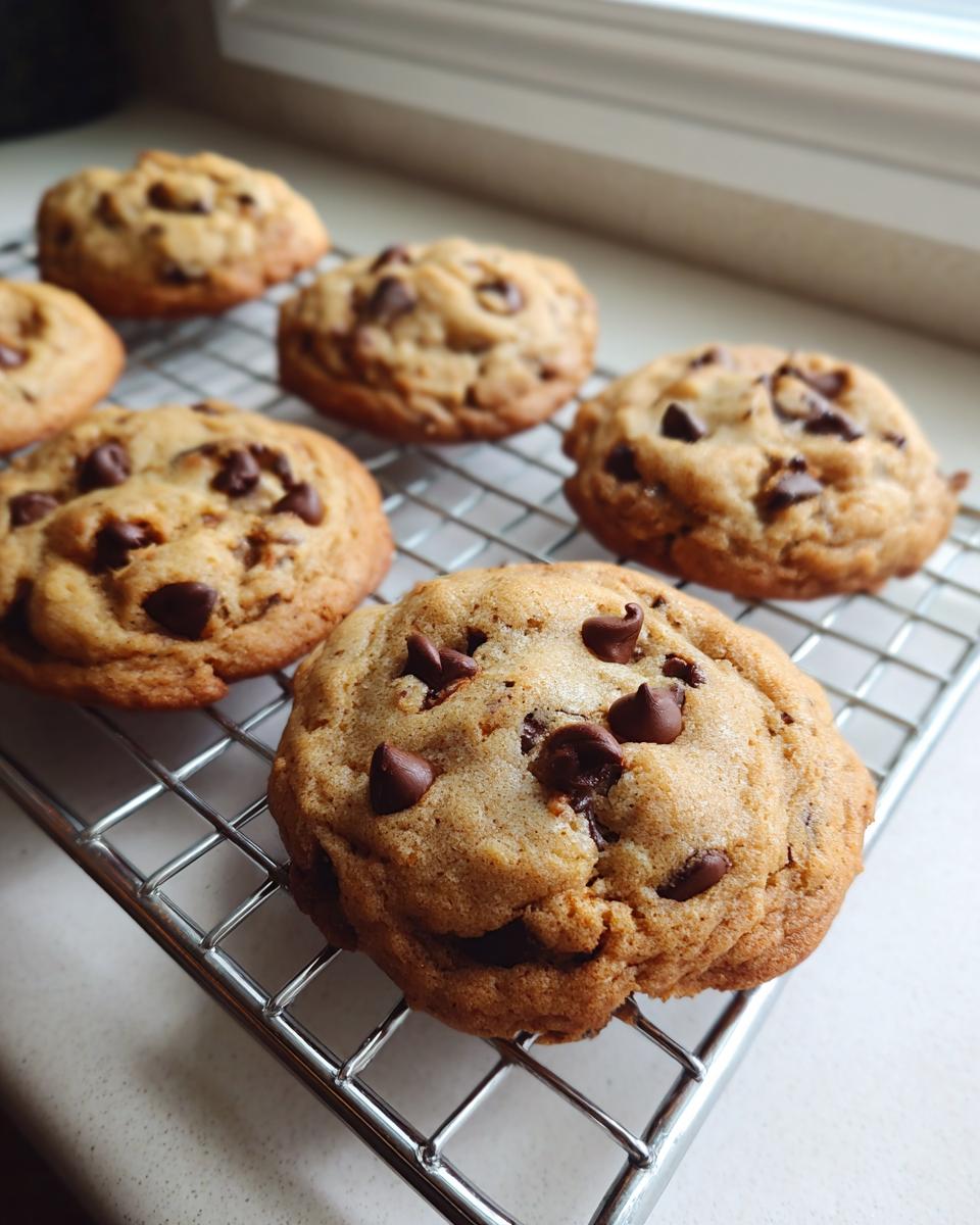Six freshly baked small batch chocolate chip cookies cooling on a wire rack near a window.