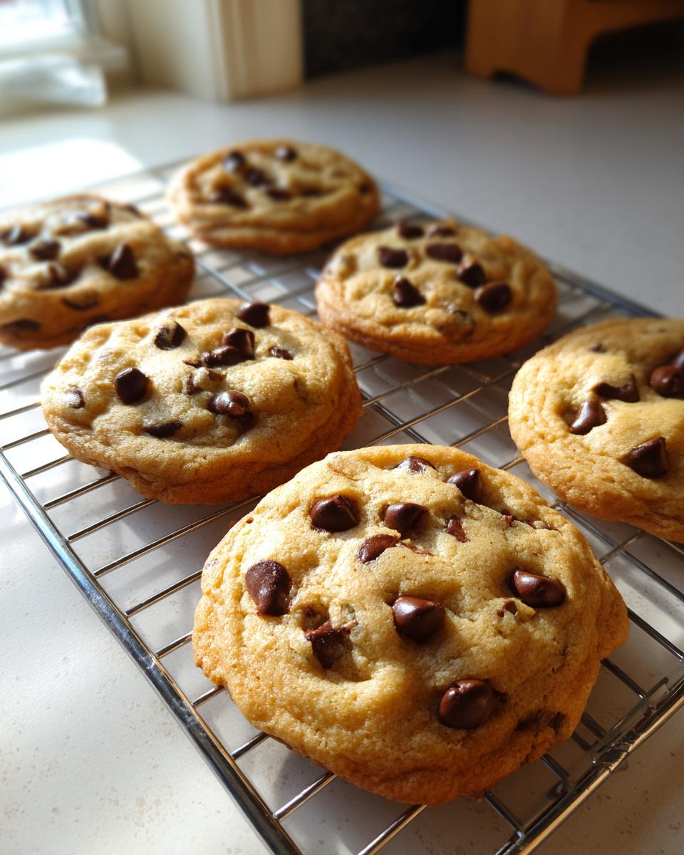 Six freshly baked small batch chocolate chip cookies cooling on a wire rack near a sunny window.