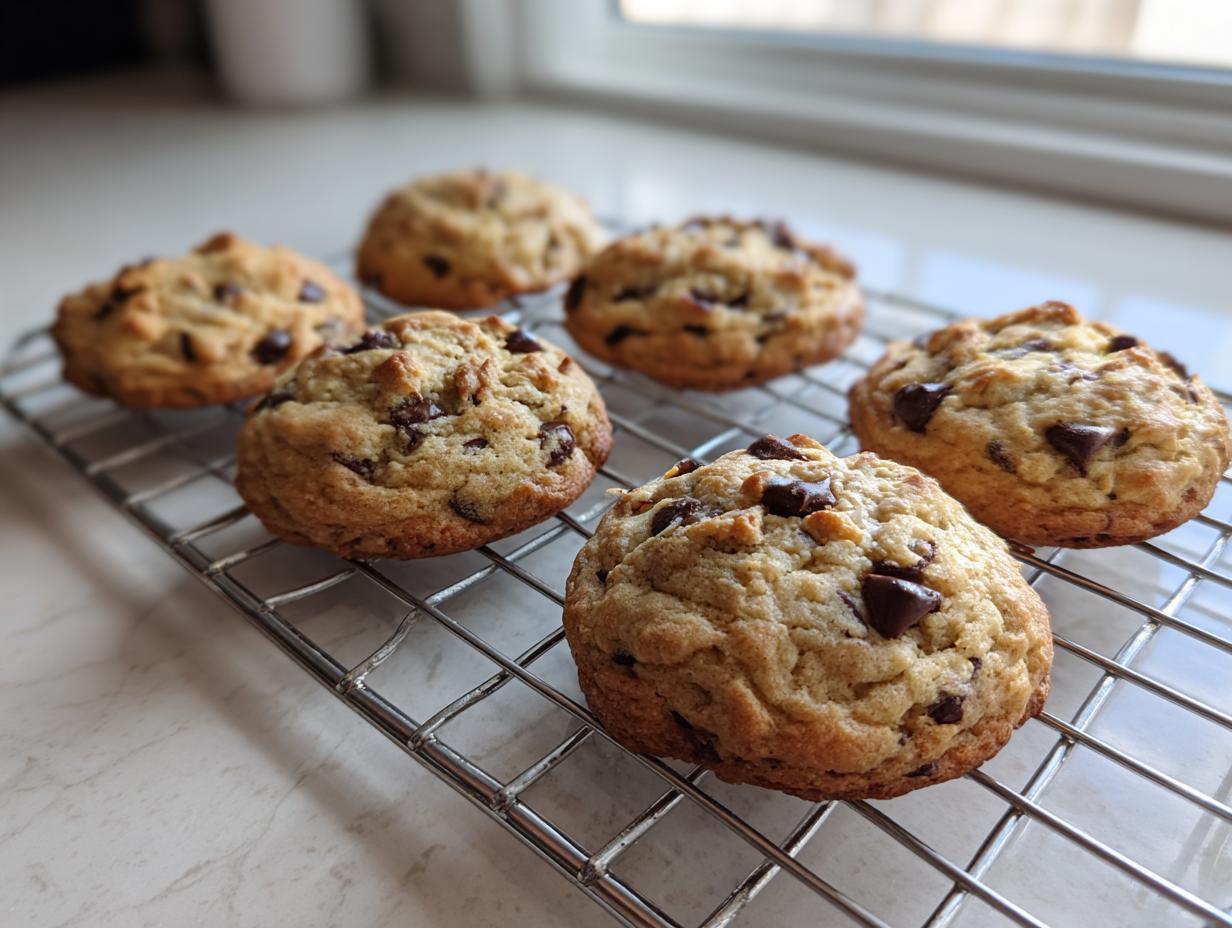 Six thick, golden small batch chocolate chip cookies cooling on a wire rack near a window.