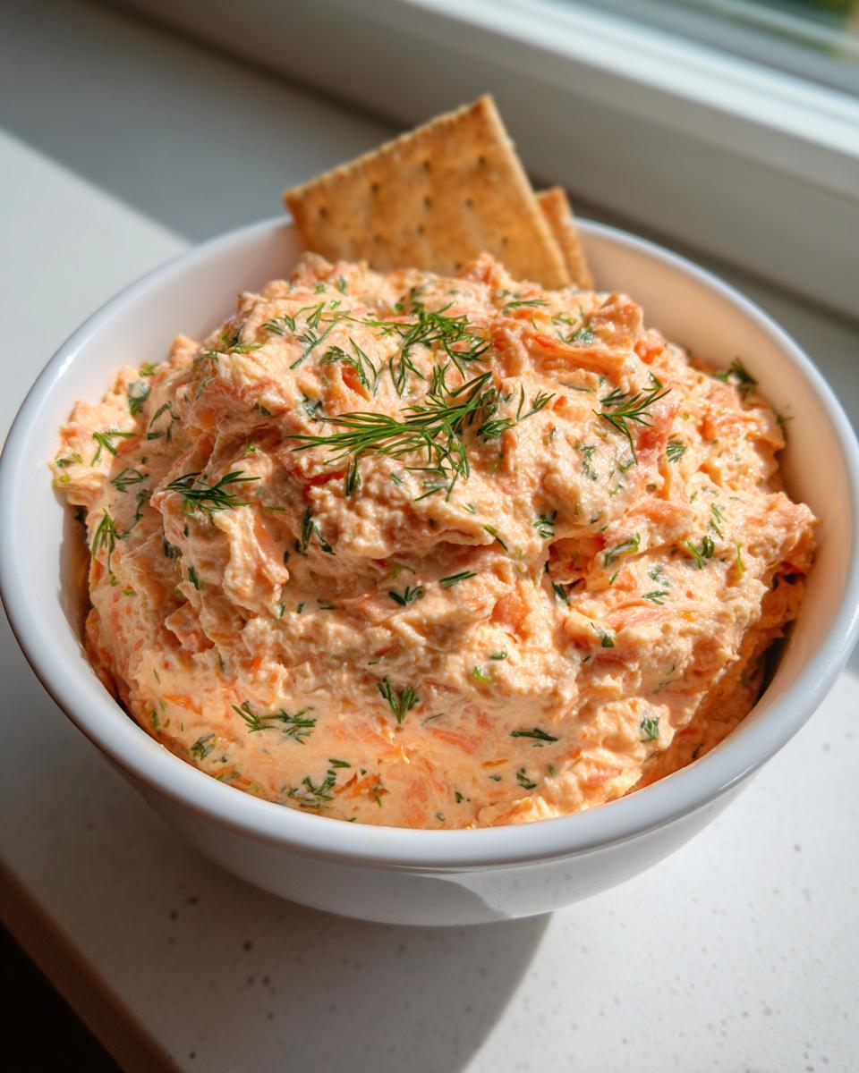 Close-up of creamy, orange-hued smoked salmon dip topped with fresh dill, served with crackers in a white bowl.