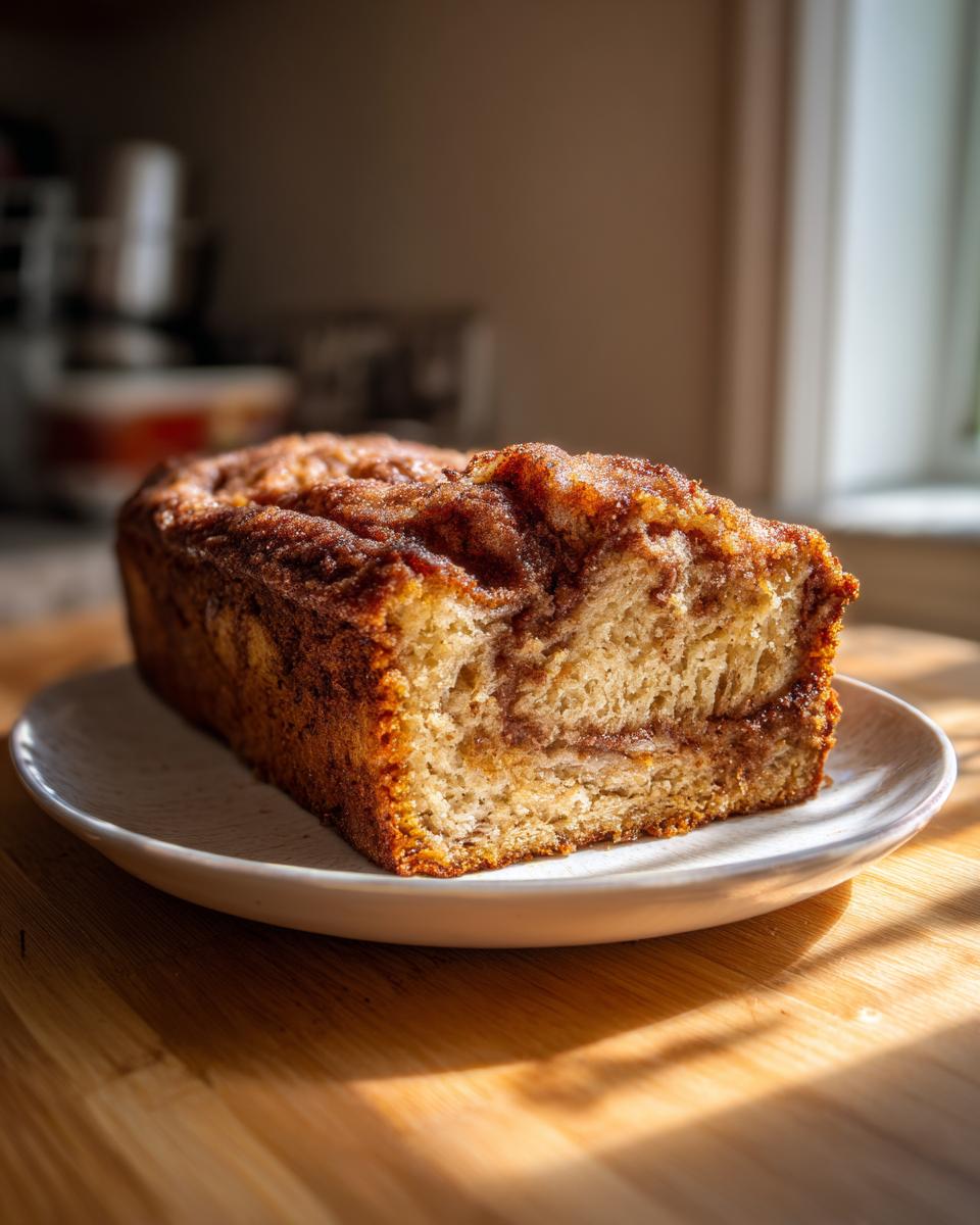 A loaf of snickerdoodle banana bread with a cinnamon swirl, sitting on a white plate in warm sunlight.