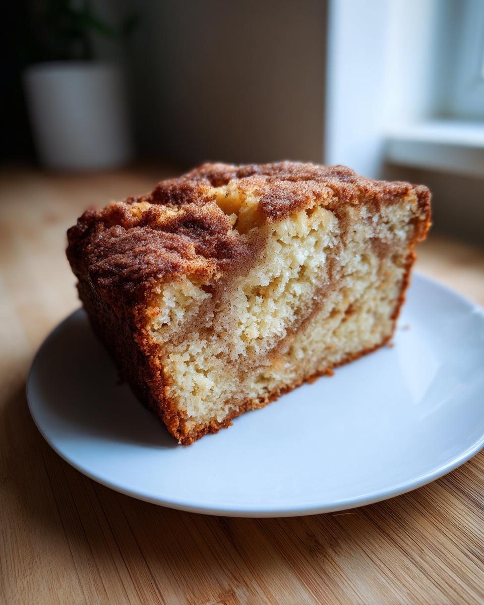 A close-up of a slice of snickerdoodle banana bread featuring a prominent cinnamon swirl and crumb topping.