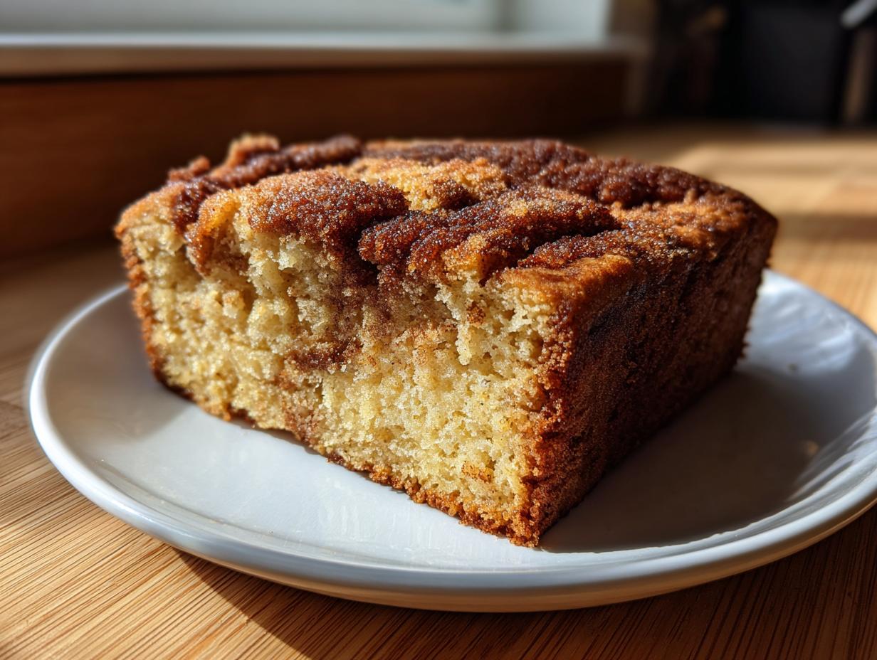 A thick slice of snickerdoodle banana bread featuring a prominent cinnamon-sugar swirl topping on a white plate.