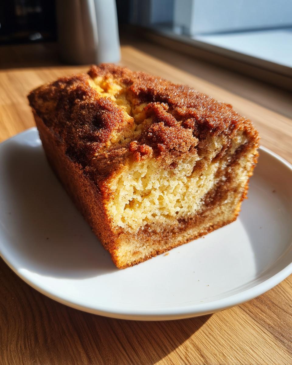 A close-up slice of snickerdoodle banana bread featuring a moist crumb and a dark cinnamon swirl topping.