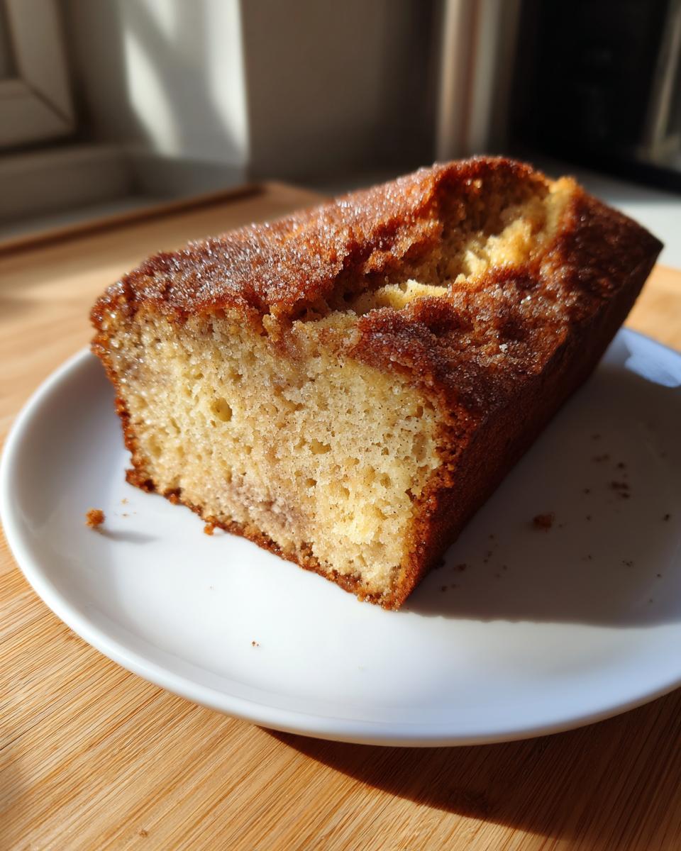 A close-up of a slice of snickerdoodle banana bread with a sugary cinnamon crust, sitting on a white plate.