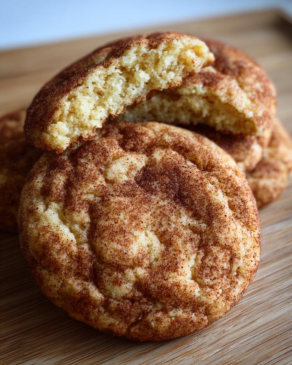 Close-up of a soft, chewy Snickerdoodle cookie, one broken in half showing the fluffy interior.