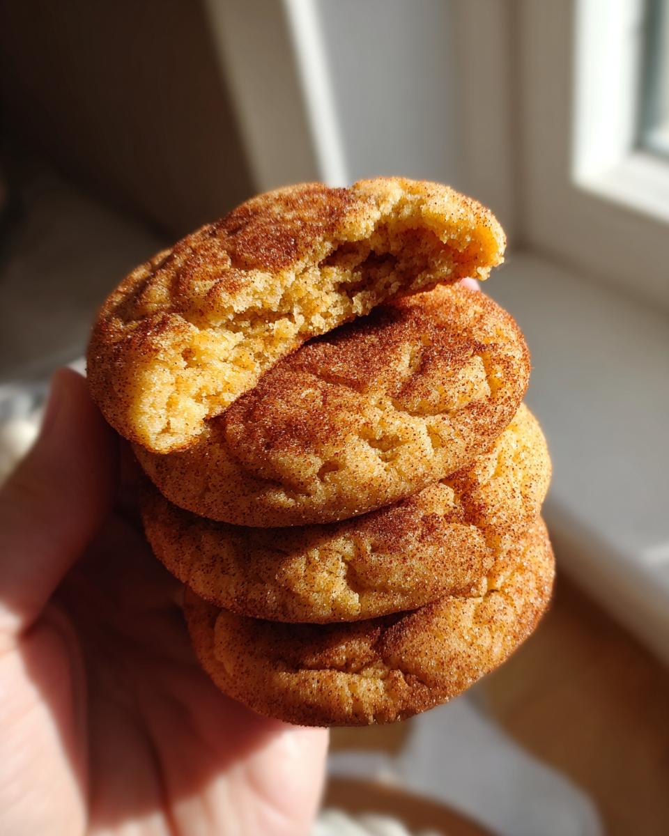 A hand holding a stack of four soft, chewy Snickerdoodle cookies, one broken open to show the texture.