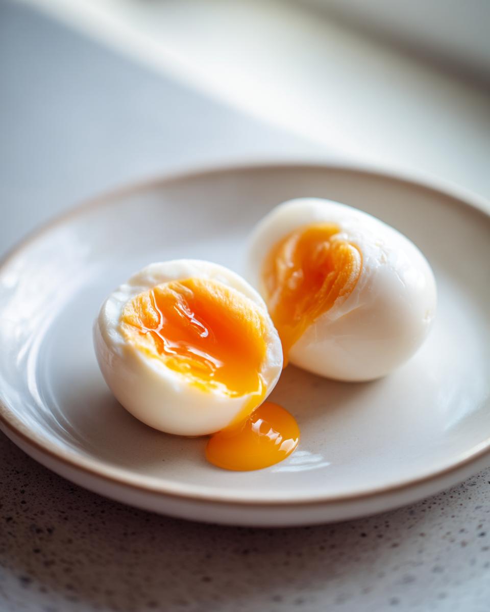 Close-up of two soft-boiled eggs cut in half showing bright orange, runny yolks, essential for perfect poached eggs.