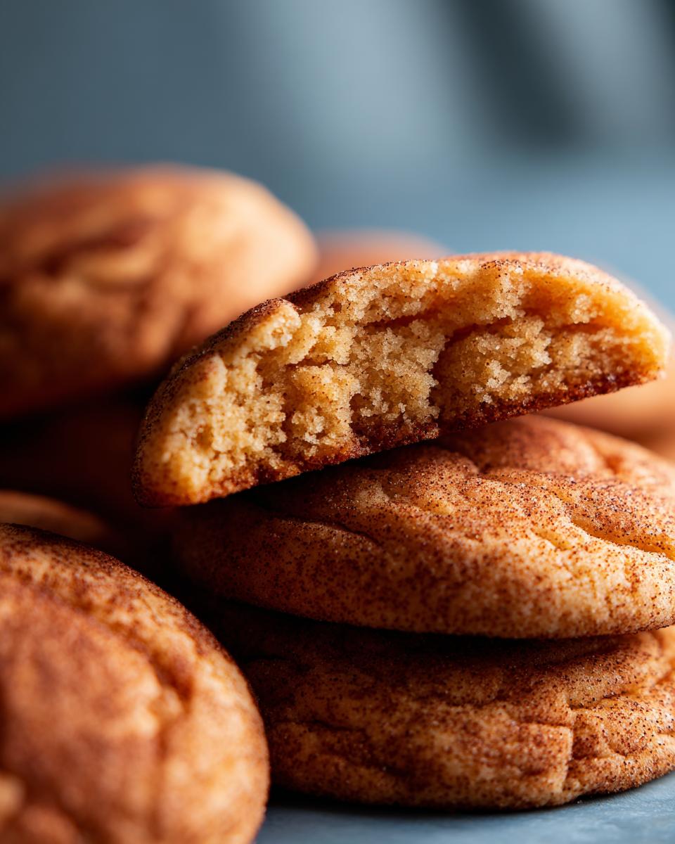 A stack of soft, chewy Snickerdoodle cookies, with one broken in half showing the fluffy, cinnamon-sugar interior.