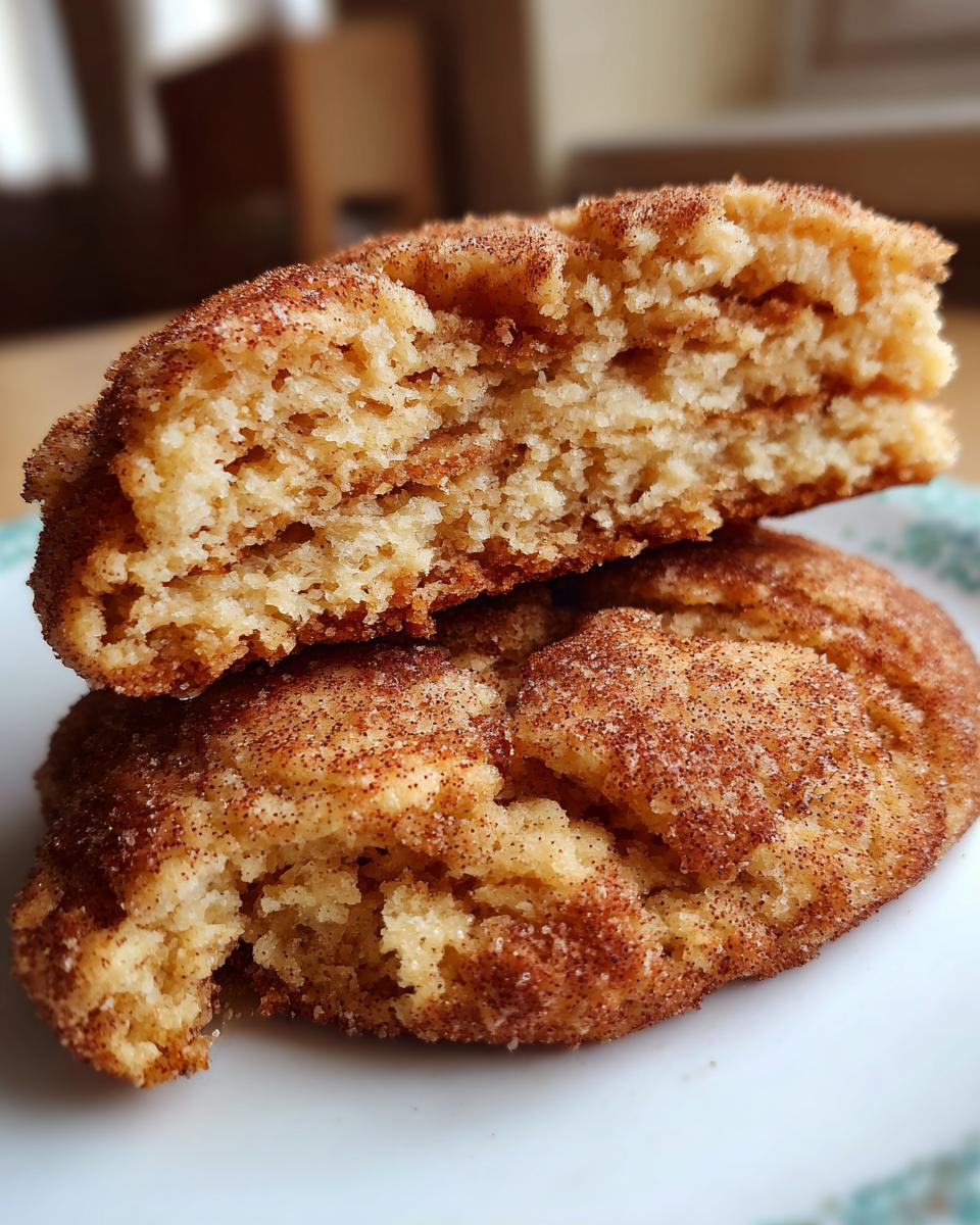 Close-up of a Snickerdoodle cookie broken in half, showing its soft, chewy interior coated in cinnamon sugar.