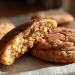 Close-up of a Snickerdoodle cookie broken in half, showing its soft, chewy interior coated in cinnamon sugar.