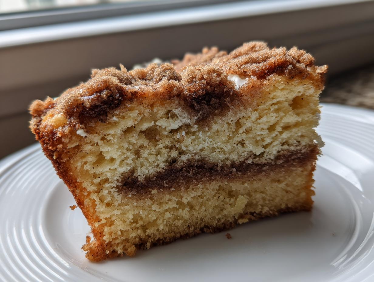 A close-up slice of moist sour cream coffee cake featuring a thick cinnamon streusel topping and swirl.
