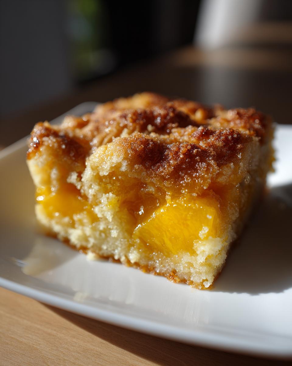 A square slice of moist southern peach cobbler showing juicy peach filling and a sugary, crumbly topping.