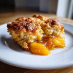 A close-up of a warm slice of Southern Peach cobbler showing gooey peaches and a golden, crumbly topping.