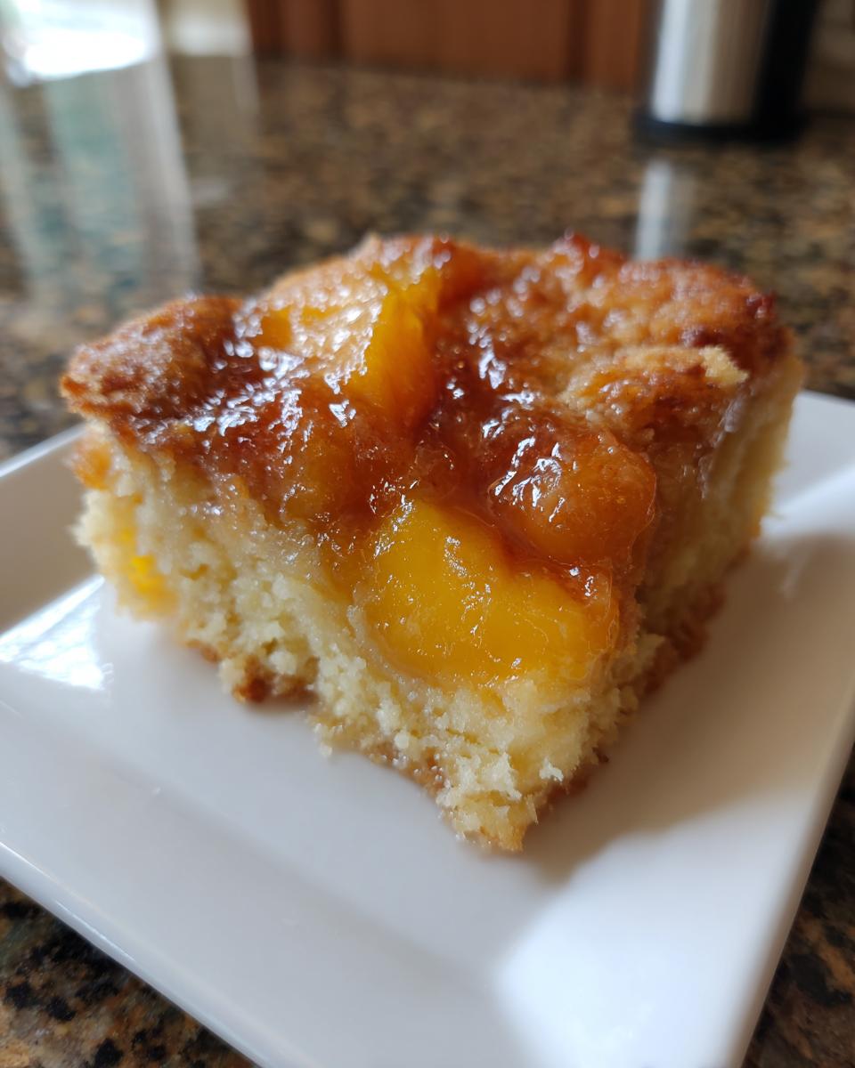 A square slice of moist southern peach cobbler with a caramelized, glossy peach topping.
