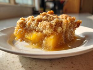 A close-up of a warm slice of Southern Peach cobbler with a buttery, crumbly topping and syrupy peaches.