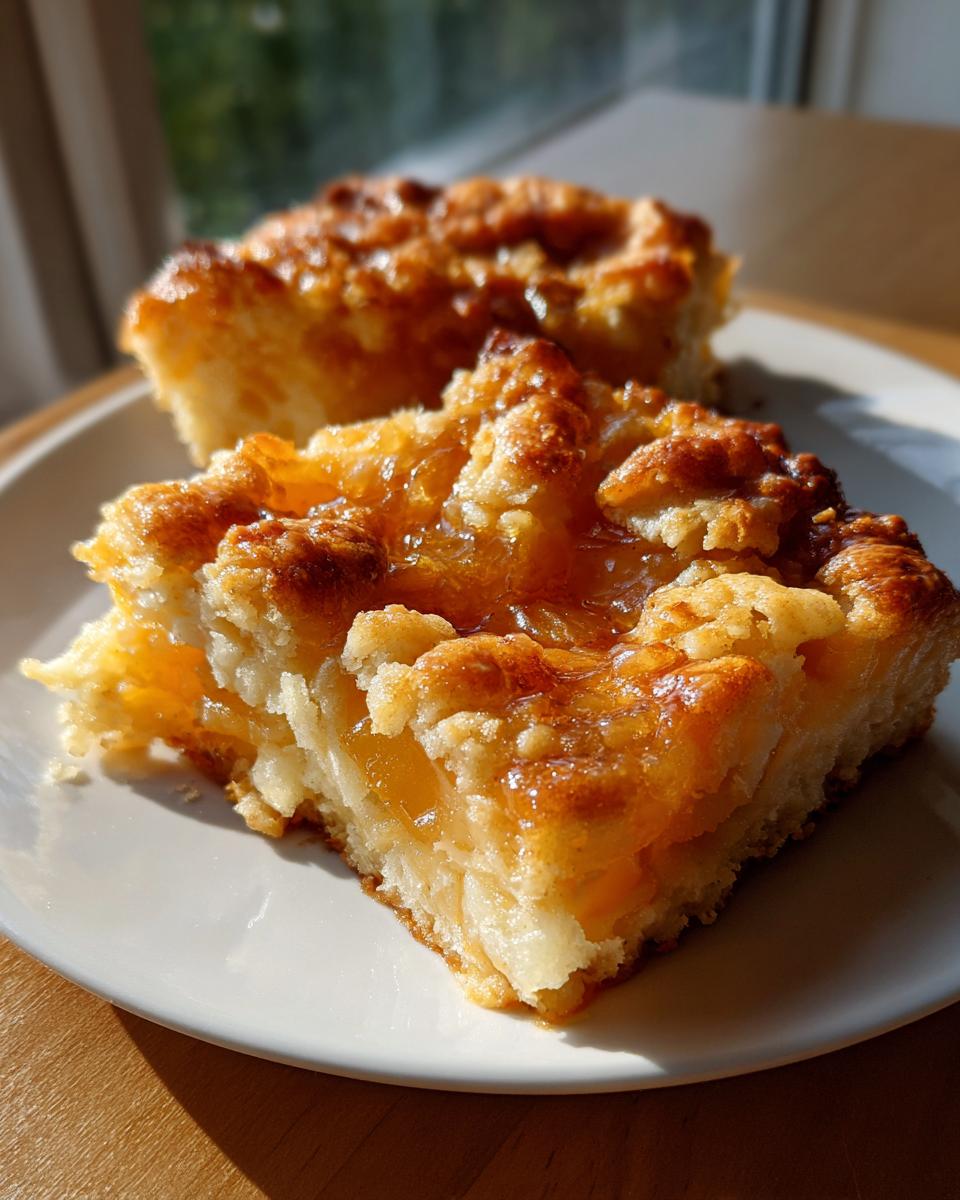 Close-up of a square slice of southern peach cobbler with a golden, crumbly topping and visible peach filling.