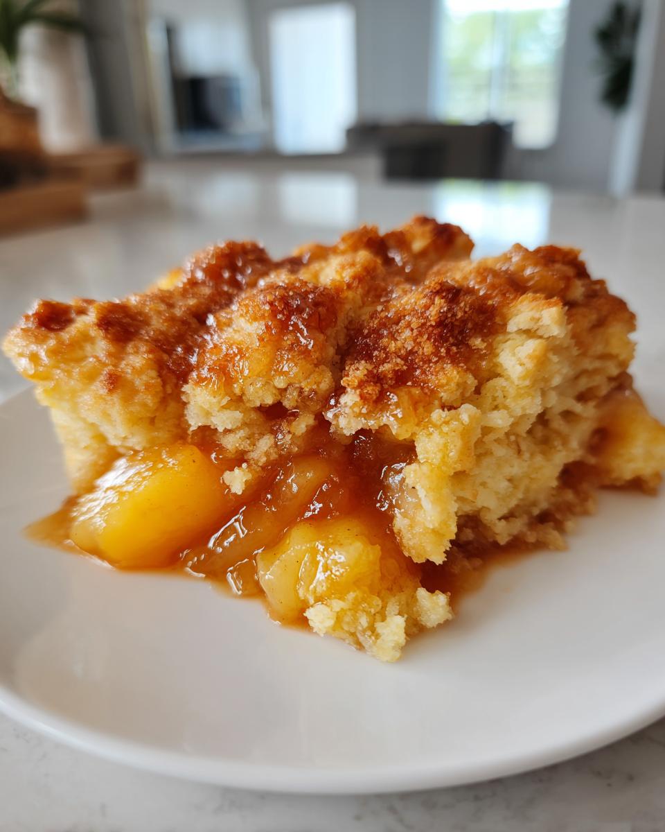 A close-up shot of a warm, golden slice of Southern Peach cobbler with syrupy filling on a white plate.