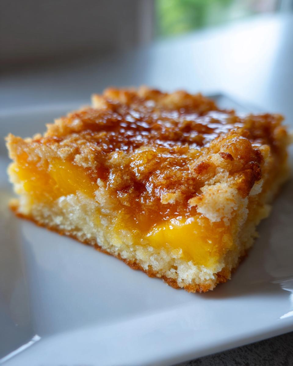 A square slice of warm southern peach cobbler with a gooey, glazed top layer.