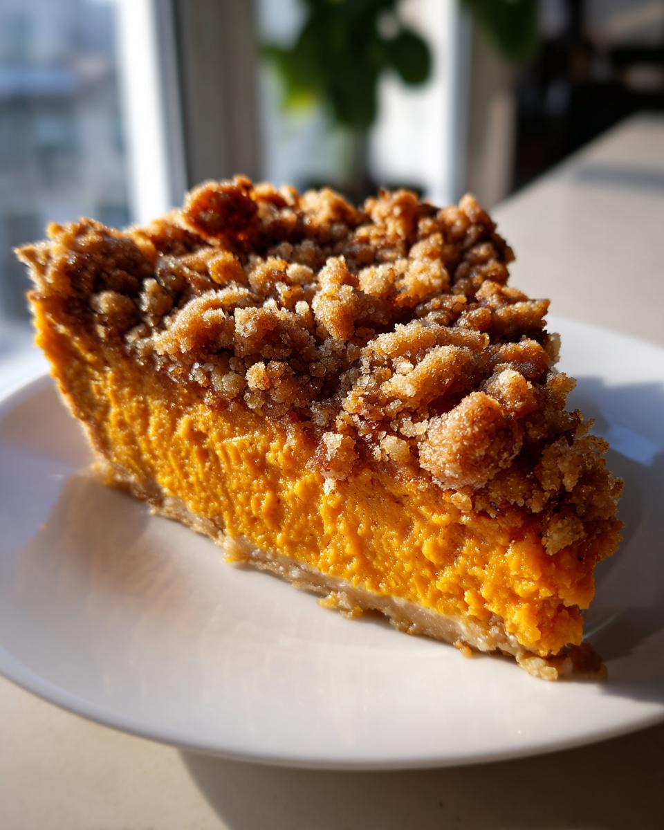 A close-up slice of rich orange southern sweet potato casserole topped with a thick, sugary brown streusel topping.