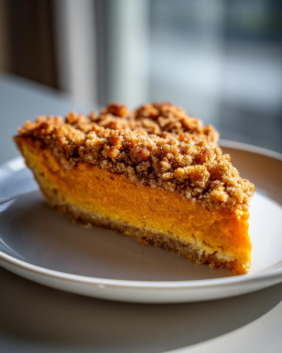 A rich slice of southern sweet potato casserole topped with a crunchy brown sugar streusel, served on a white plate.
